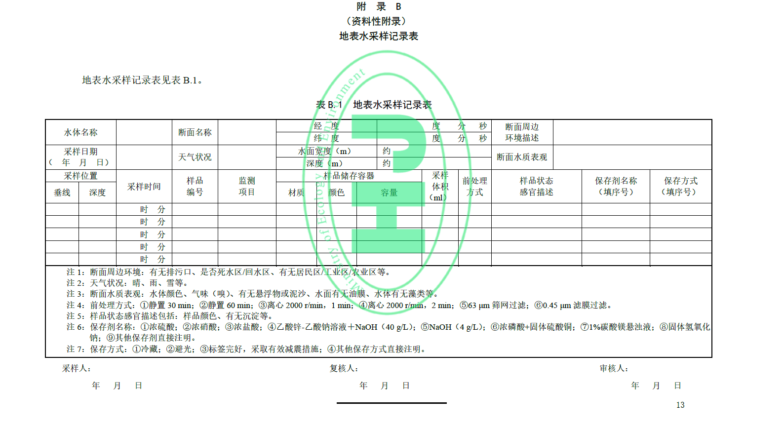 地表水環境質量技術規范附錄B